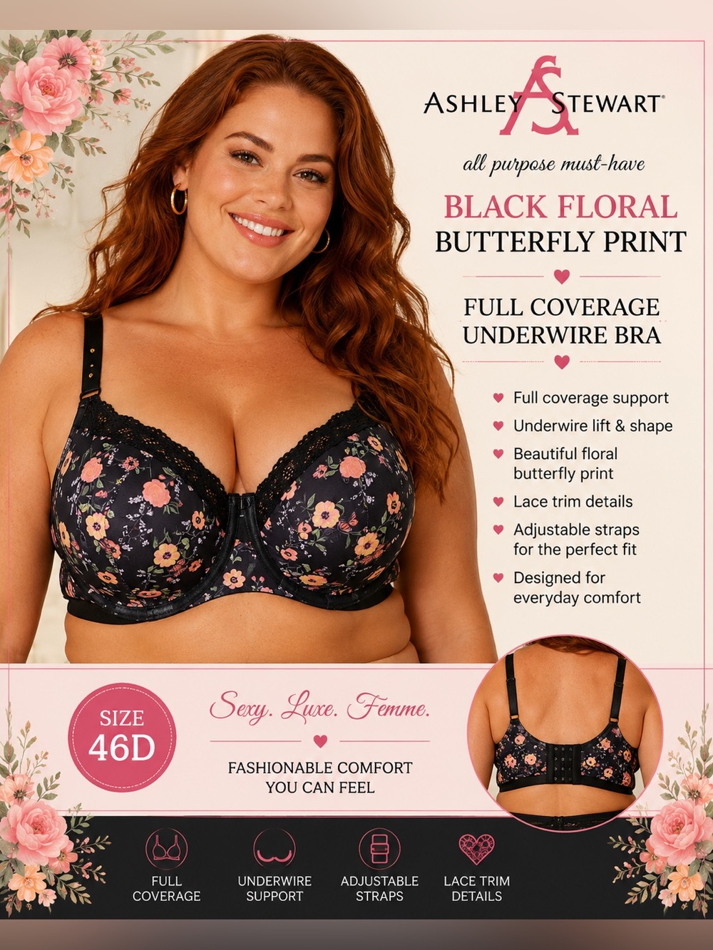 Ashley Stewart Black Floral Butterfly Print Full
Coverage Underwire Bra 46D NWT